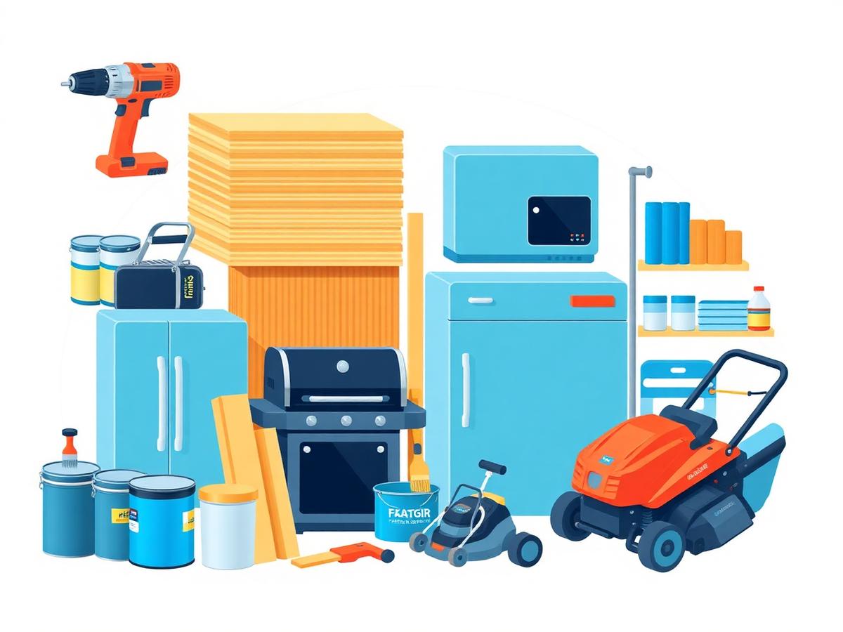 Home improvement essentials: power tools, paint, lumber, grill, appliances, and lawn equipment
